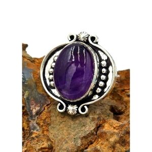 925 Sterling Silver Plt Oval Cabochon Amethyst Ring Sz 6 Bezel Southwest Jewelry